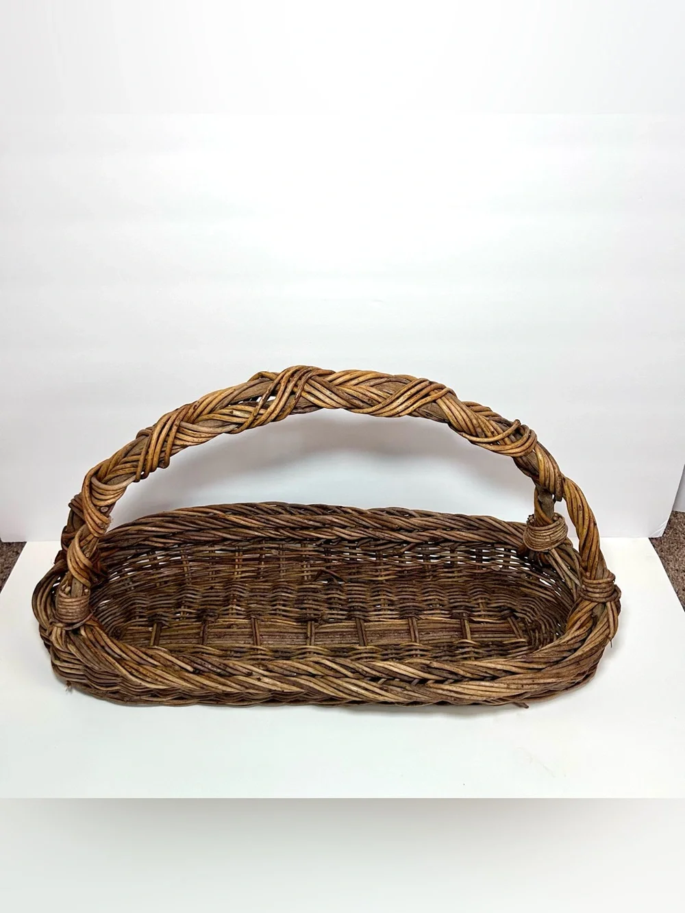 Rectangular Twig and Wicker Gathering Basket Large 21”x8”X12” Brown Vintage